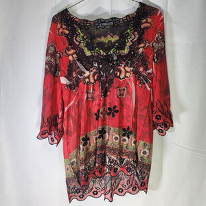 The Pyramid Collection Women's Tunic Lace V-Neck Large Floral Red Embroidered